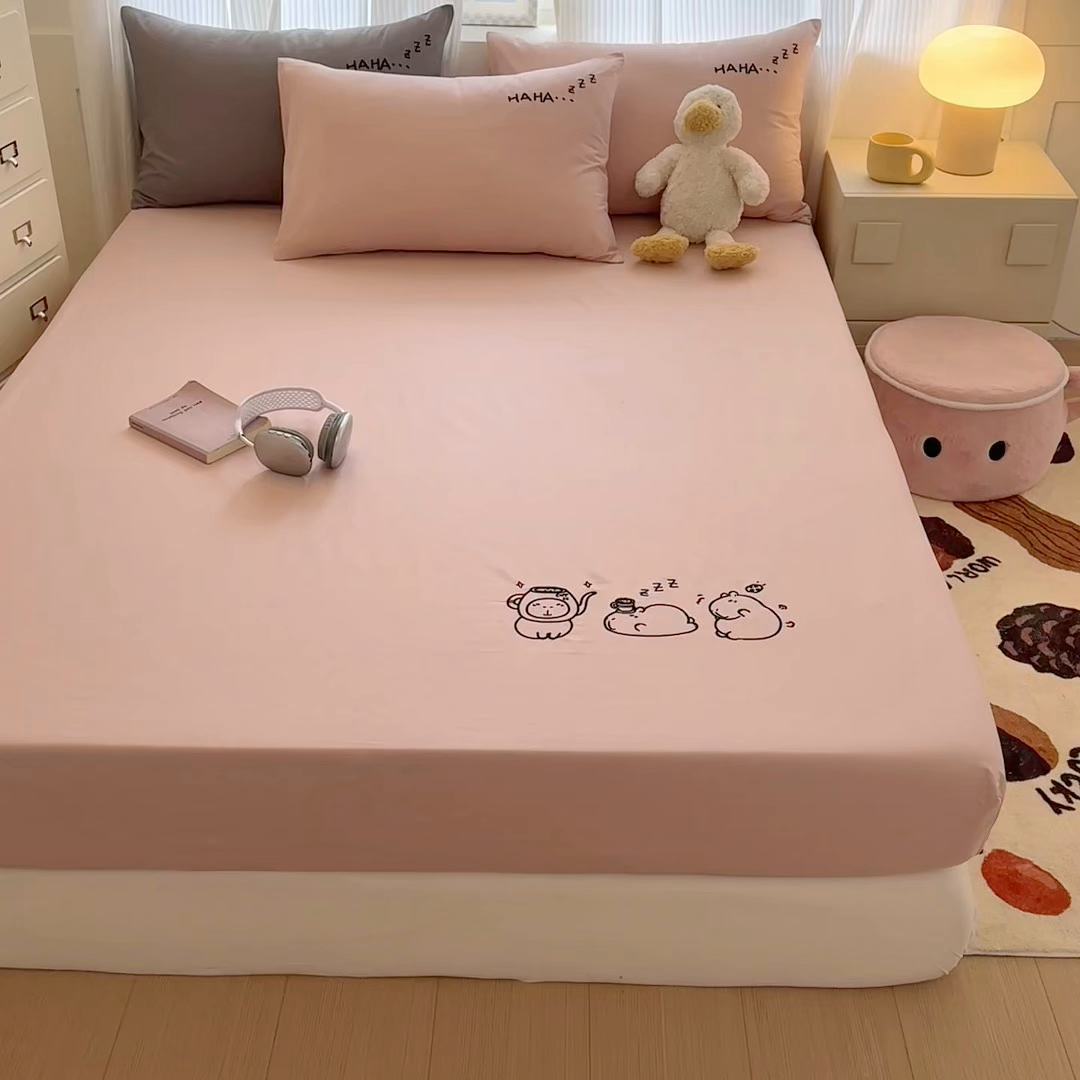 91家纺网 家纺一手货源 找家纺 布柔 2026新款床笠100%全棉纯棉13070绣花床笠(围高+30cm)-晚安 晚安床笠粉