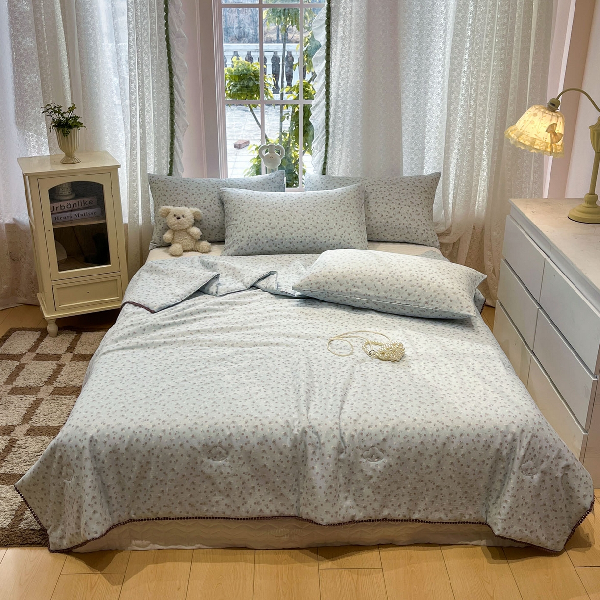 91家纺网 家纺一手货源 找家纺 一加一 2026新款全棉双层纱印花小花边大豆夏被夏凉被空调被-花纱眠夏 甜莓