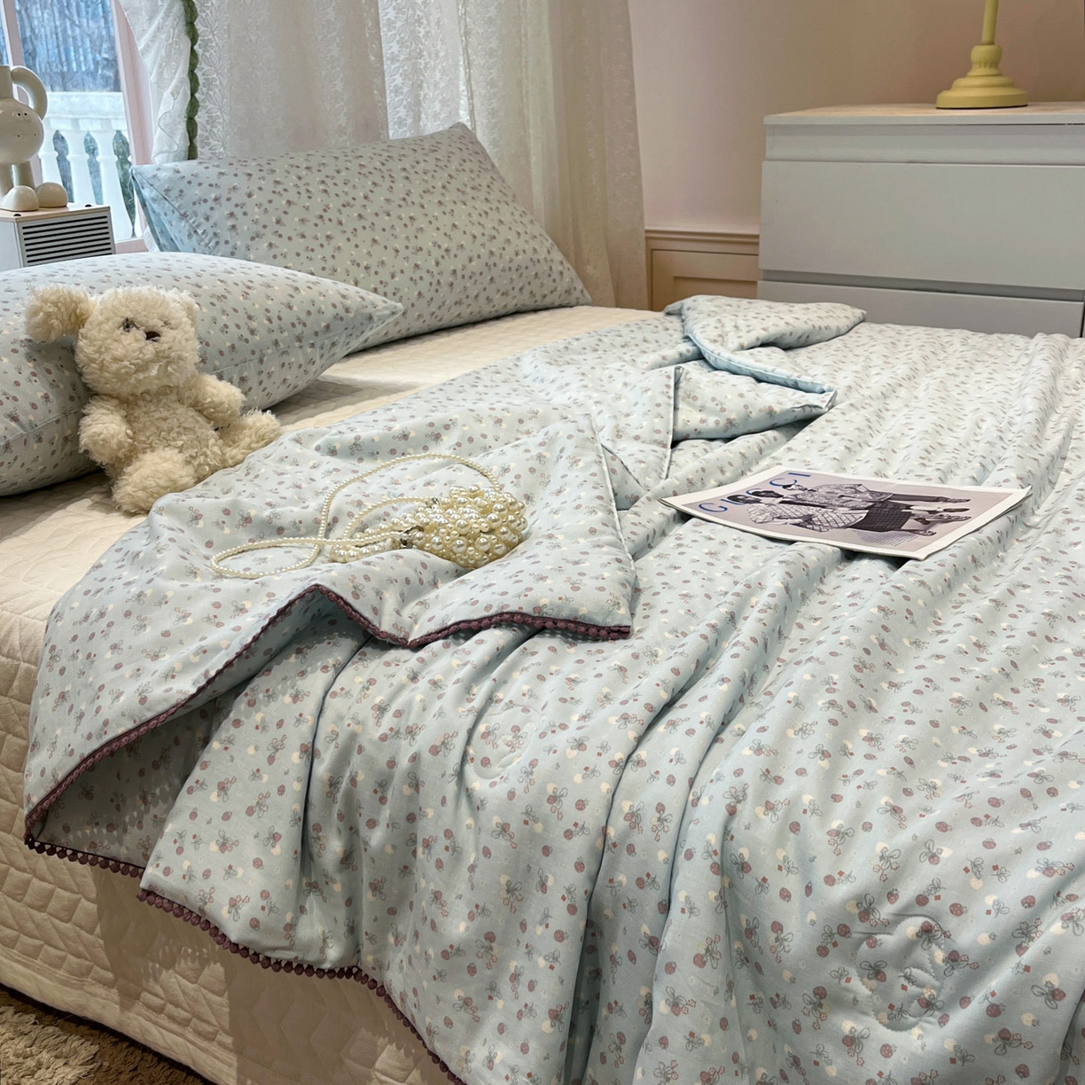 91家纺网 家纺一手货源 找家纺 一加一 2026新款全棉双层纱印花小花边大豆夏被夏凉被空调被-花纱眠夏 甜莓