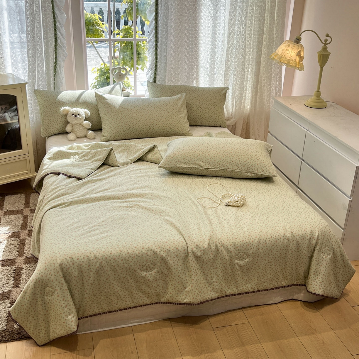 91家纺网 家纺一手货源 找家纺 一加一 2026新款全棉双层纱印花小花边大豆夏被夏凉被空调被-花纱眠夏 樱桃派