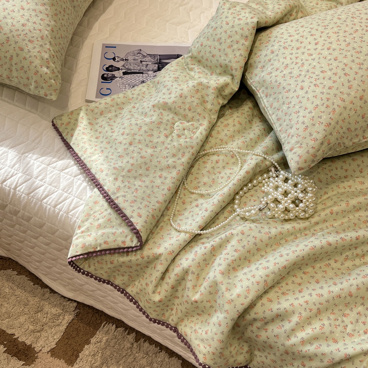 91家纺网 家纺一手货源 找家纺 一加一 2026新款全棉双层纱印花小花边大豆夏被夏凉被空调被-花纱眠夏 樱桃派