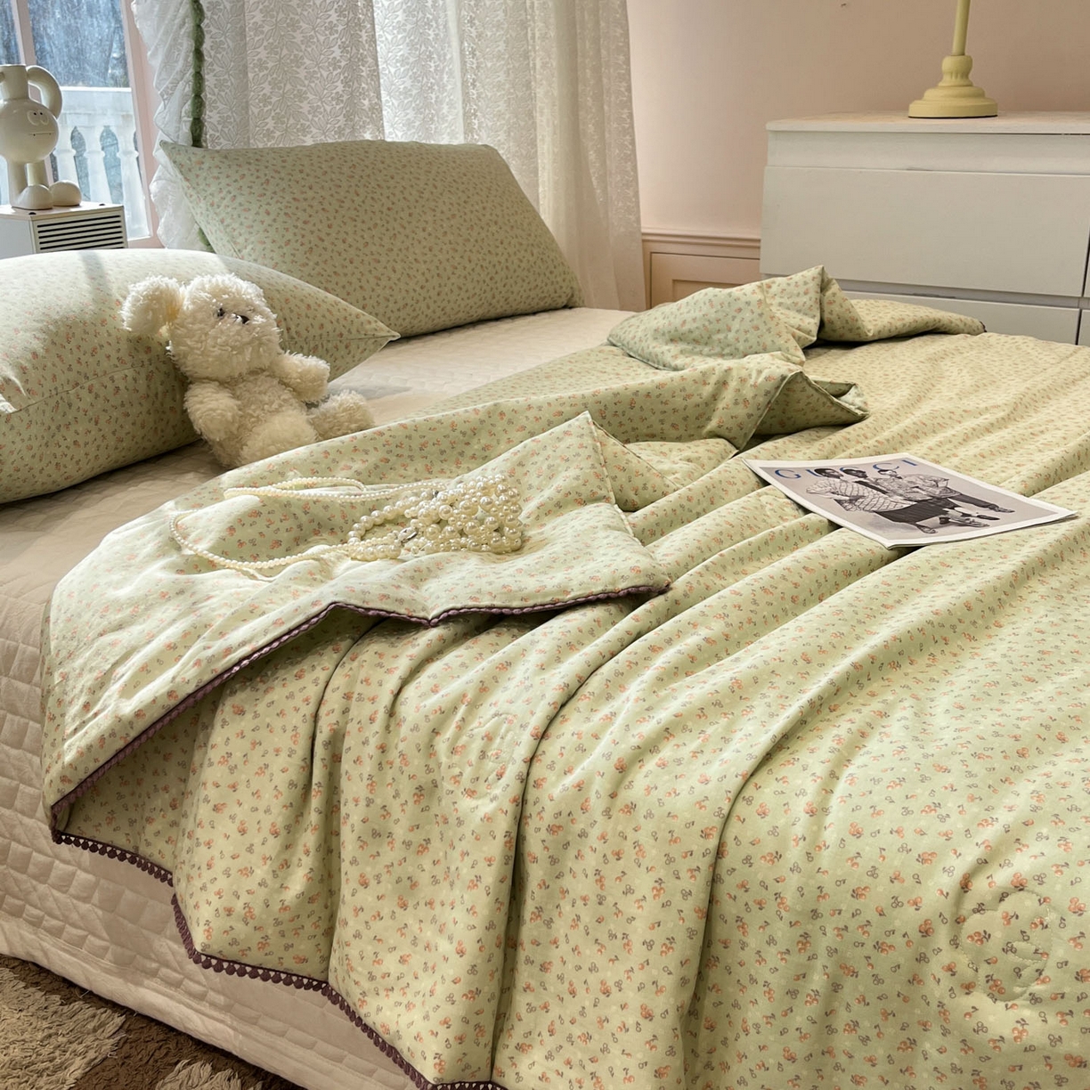 91家纺网 家纺一手货源 找家纺 一加一 2026新款全棉双层纱印花小花边大豆夏被夏凉被空调被-花纱眠夏 樱桃派