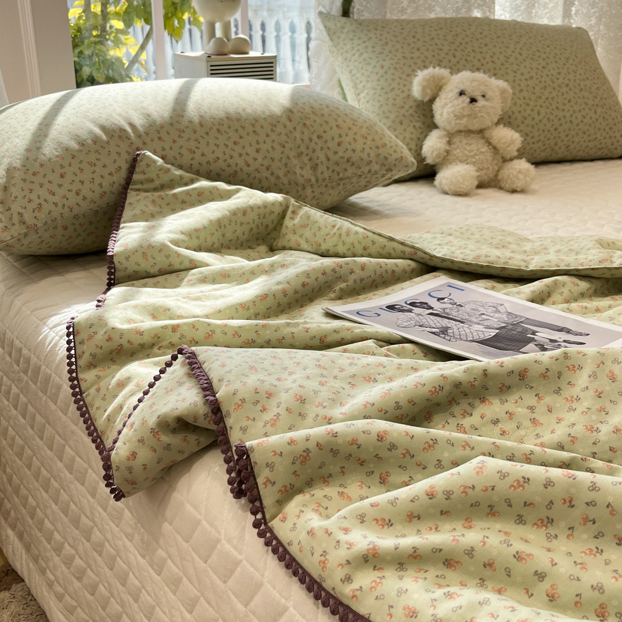 91家纺网 家纺一手货源 找家纺 一加一 2026新款全棉双层纱印花小花边大豆夏被夏凉被空调被-花纱眠夏 樱桃派