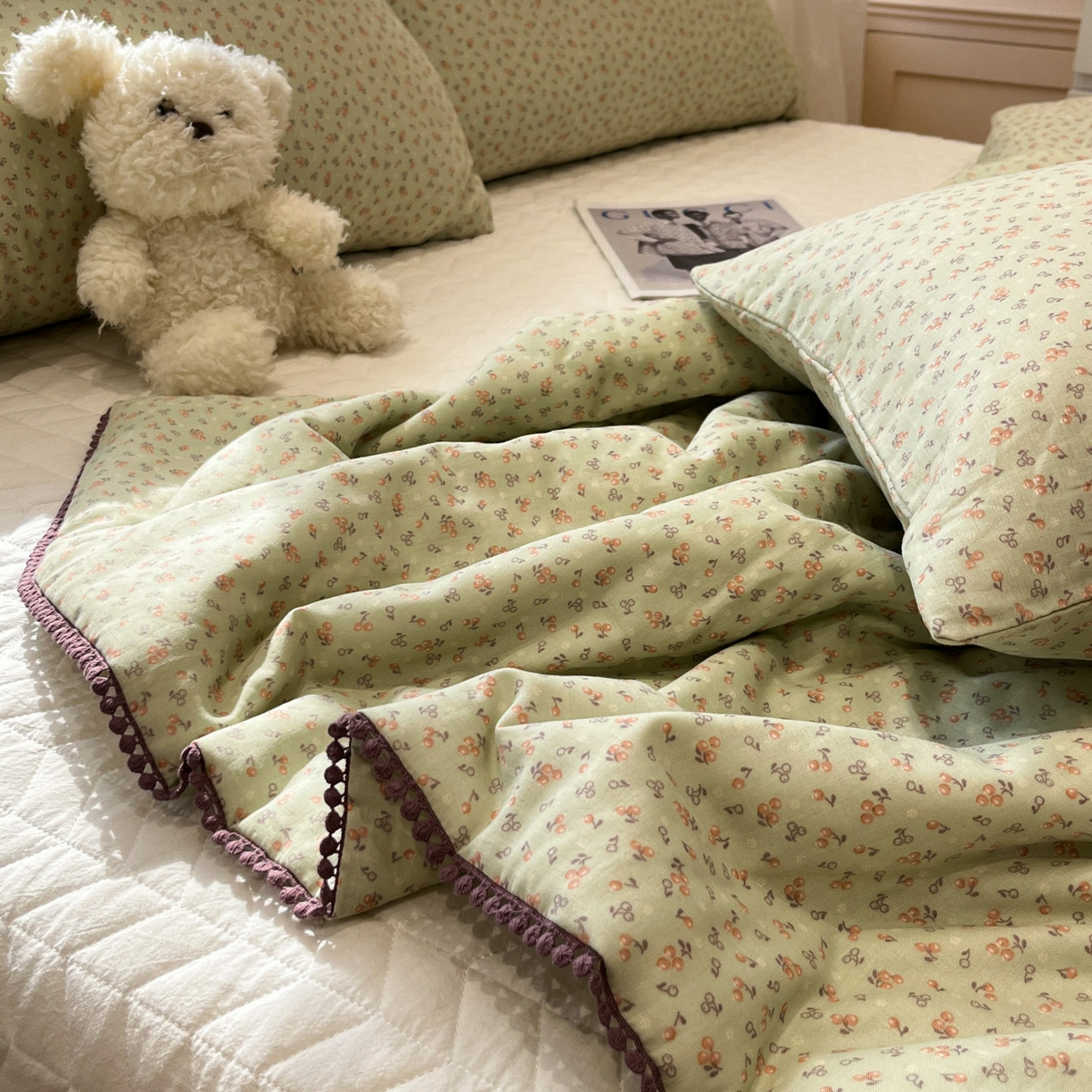 91家纺网 家纺一手货源 找家纺 一加一 2026新款全棉双层纱印花小花边大豆夏被夏凉被空调被-花纱眠夏 樱桃派