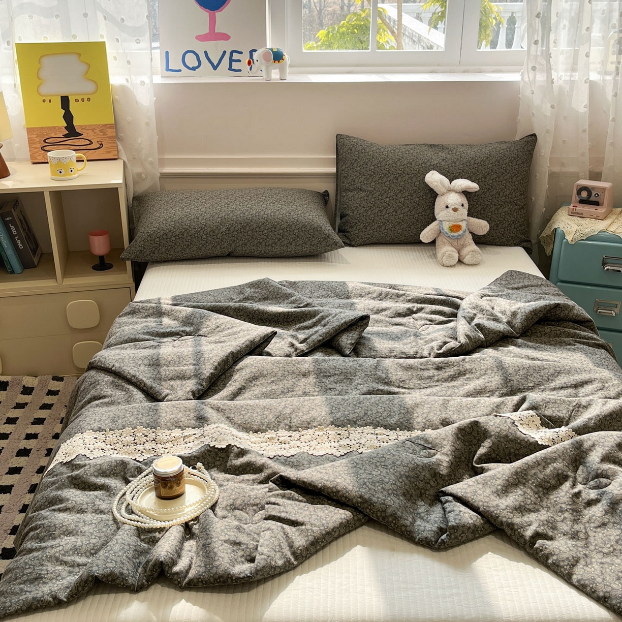 91家纺网 家纺一手货源 找家纺 一加一 2026新款纯棉双层纱花边蚕丝润肤夏被夏凉被空调被-棉边夏序 连理枝