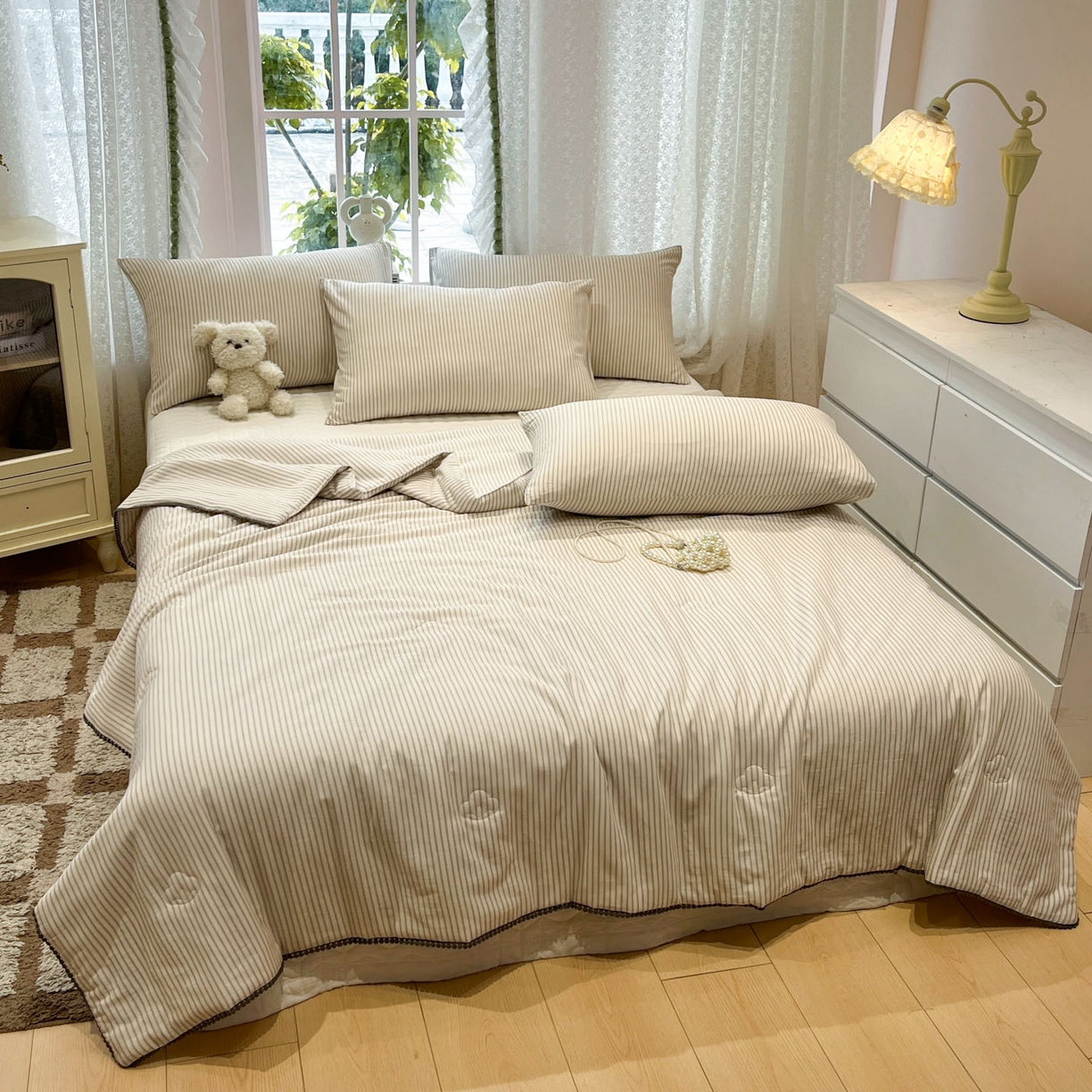 91家纺网 家纺一手货源 找家纺 一加一 2026新款全棉双层纱印花小花边大豆夏被夏凉被空调被-花纱眠夏 织梦