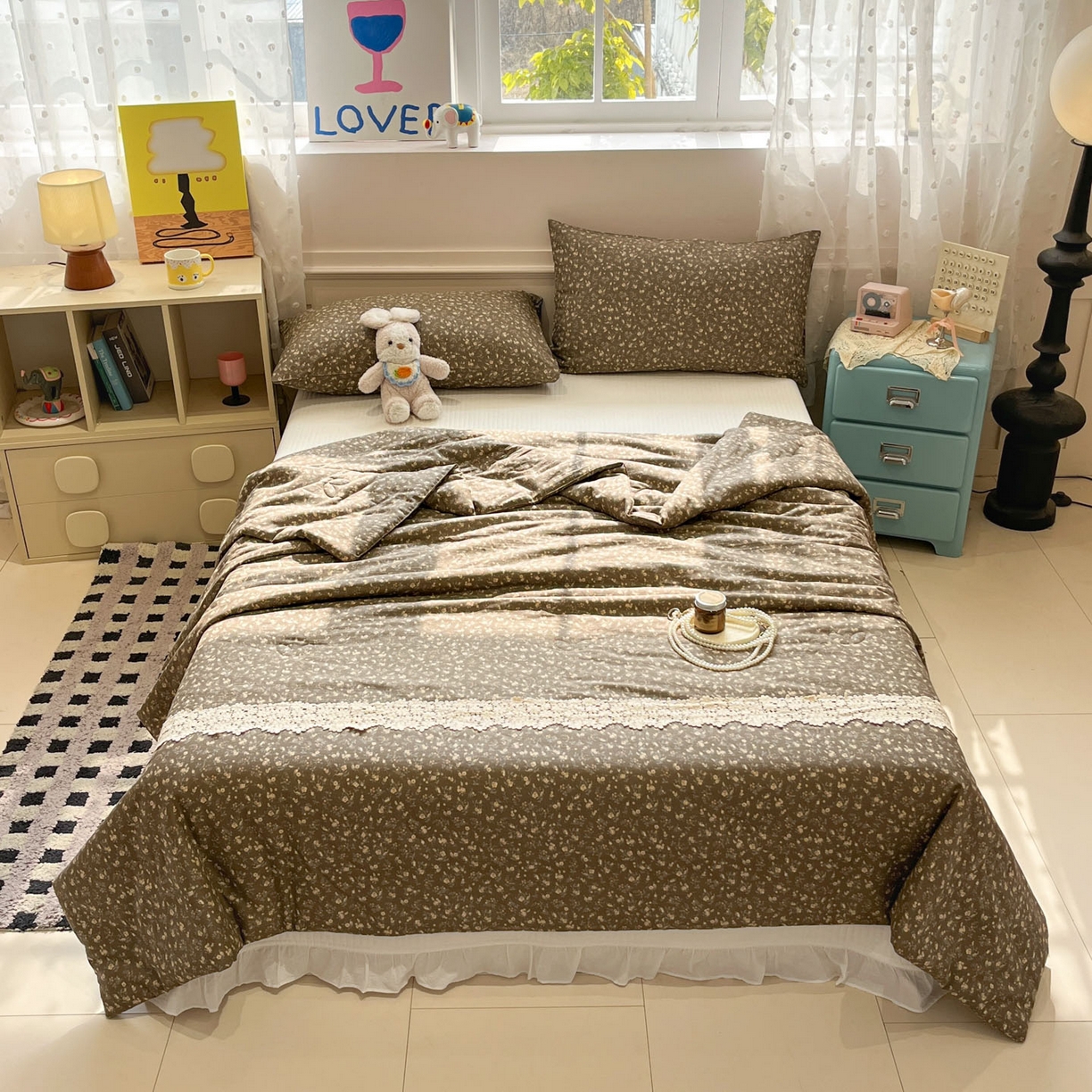 91家纺网 家纺一手货源 找家纺 一加一 2026新款纯棉双层纱花边蚕丝润肤夏被夏凉被空调被-棉边夏序 拧霜点点