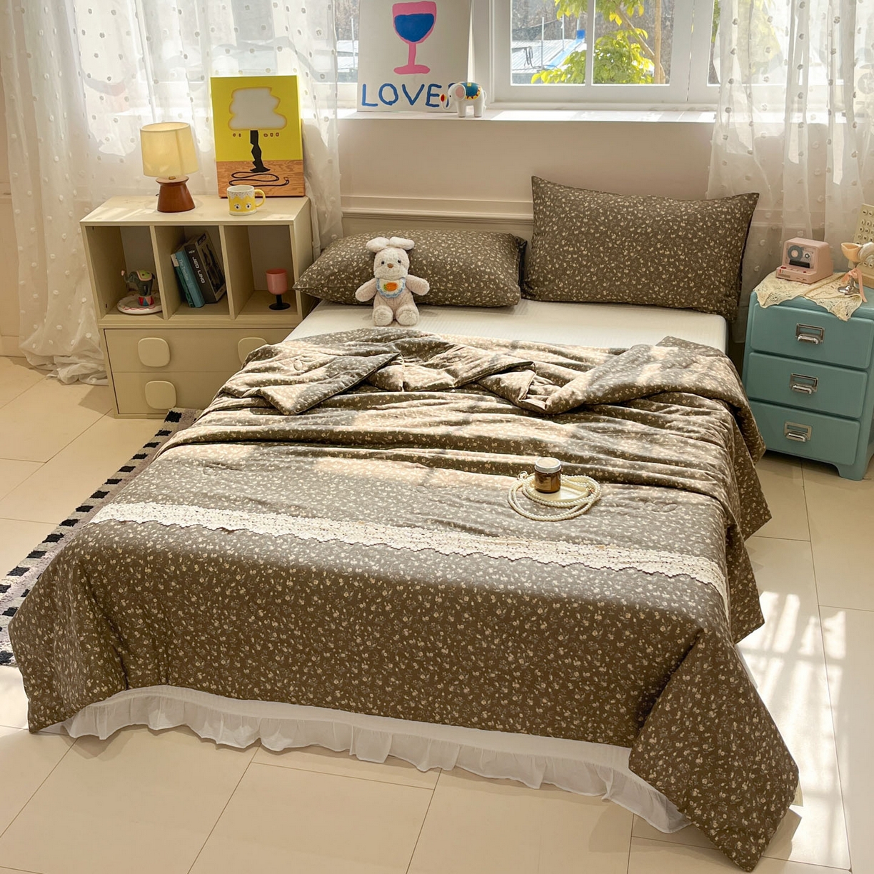 91家纺网 家纺一手货源 找家纺 一加一 2026新款纯棉双层纱花边蚕丝润肤夏被夏凉被空调被-棉边夏序 拧霜点点