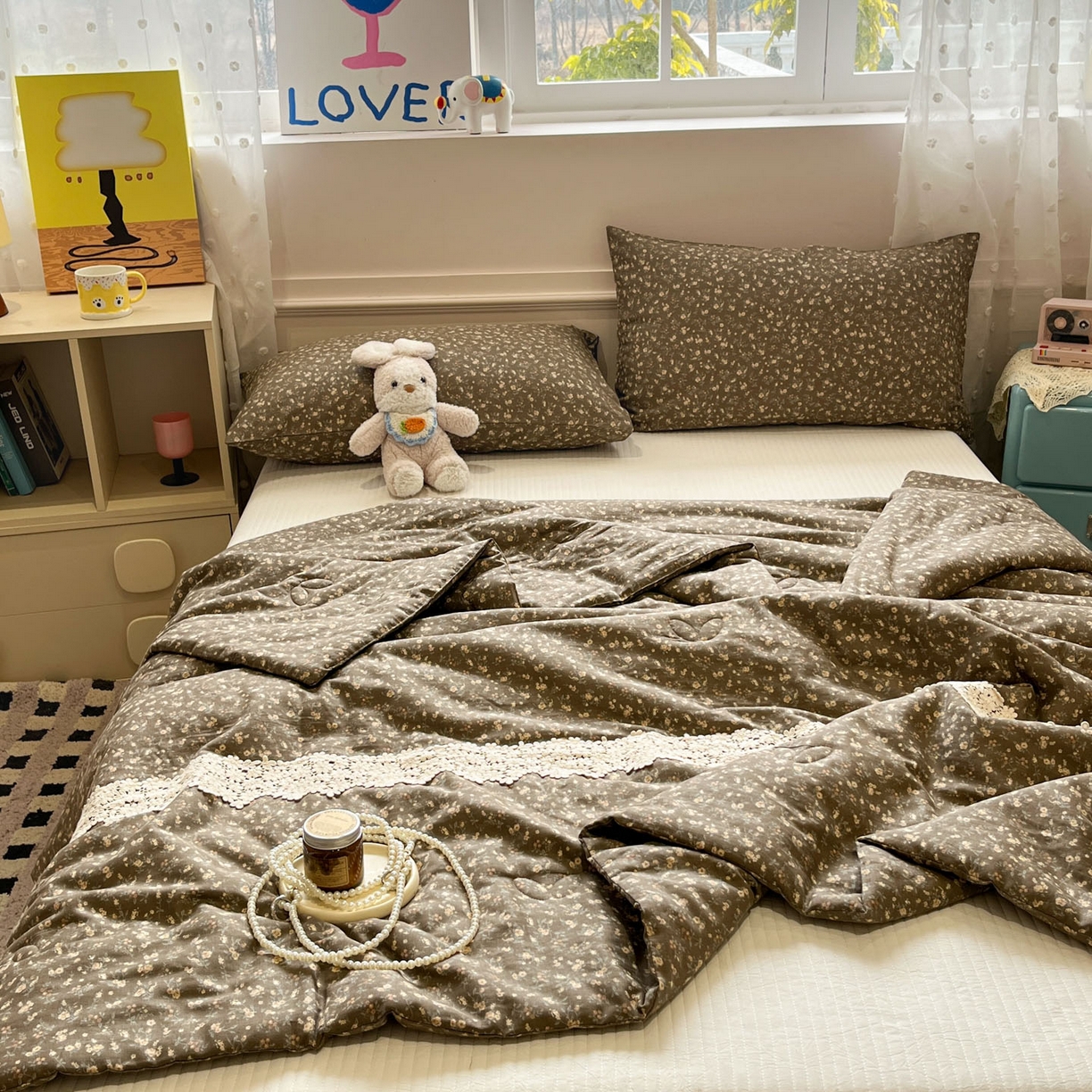 91家纺网 家纺一手货源 找家纺 一加一 2026新款纯棉双层纱花边蚕丝润肤夏被夏凉被空调被-棉边夏序 拧霜点点