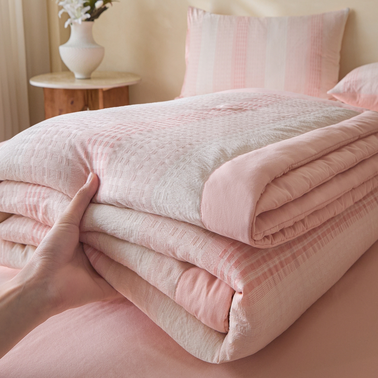 91家纺网 家纺一手货源 找家纺 （总）一加一 2026新款凉感提花大豆夏被夏凉被空调被四件套-简约生活