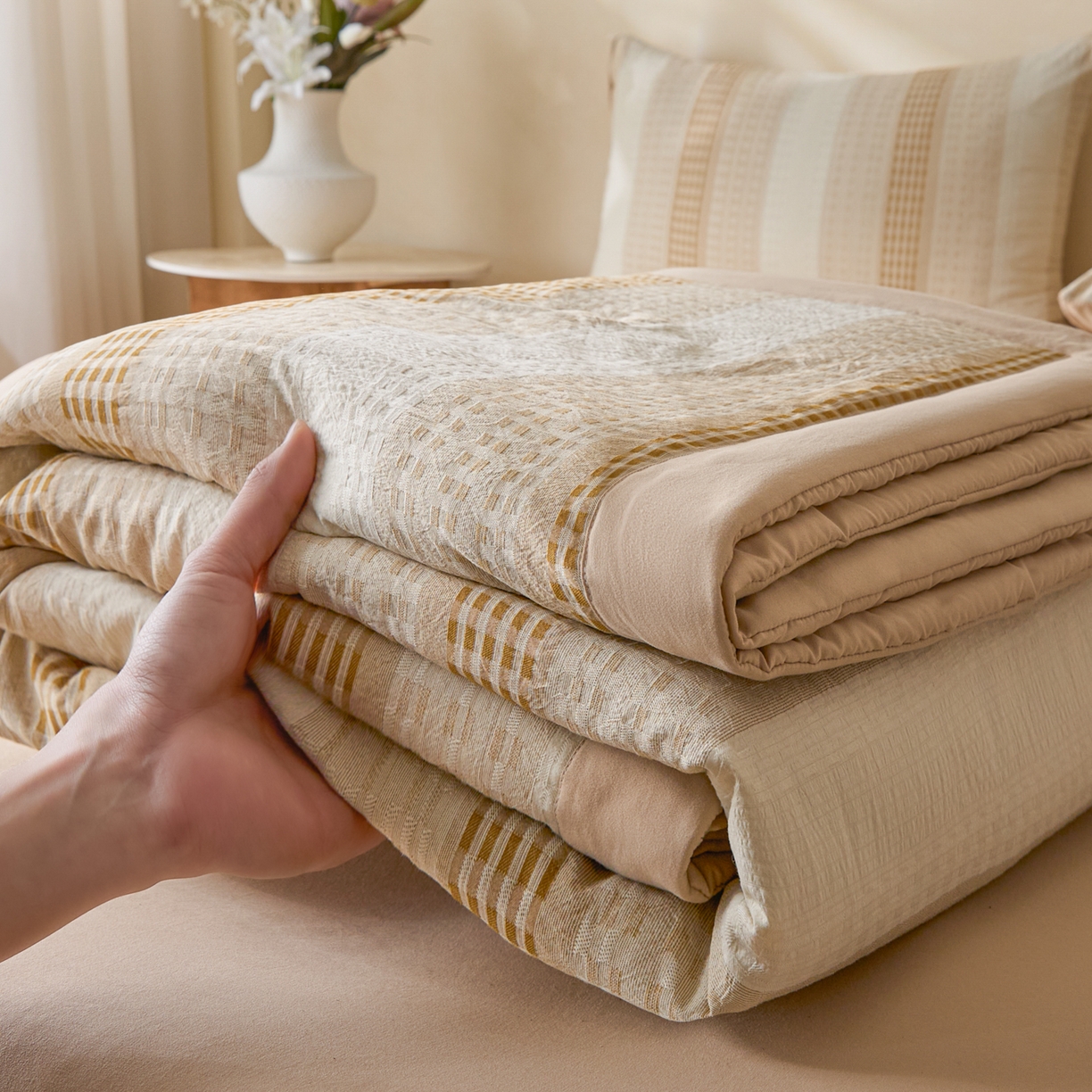 91家纺网 家纺一手货源 找家纺 （总）一加一 2026新款凉感提花大豆夏被夏凉被空调被四件套-简约生活