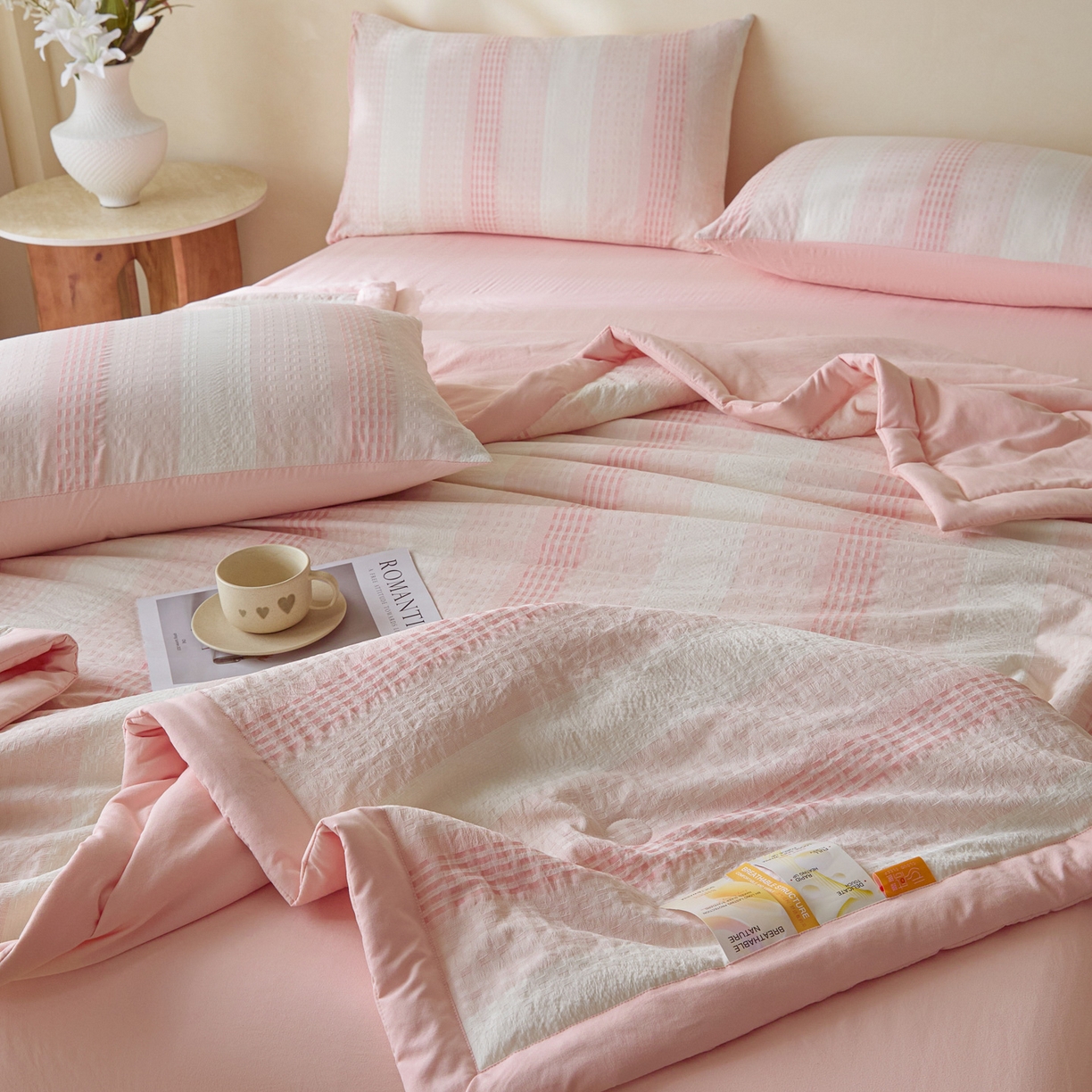 91家纺网 家纺一手货源 找家纺 一加一 2026新款凉感提花大豆夏被夏凉被空调被四件套-简约生活 简约生活-粉