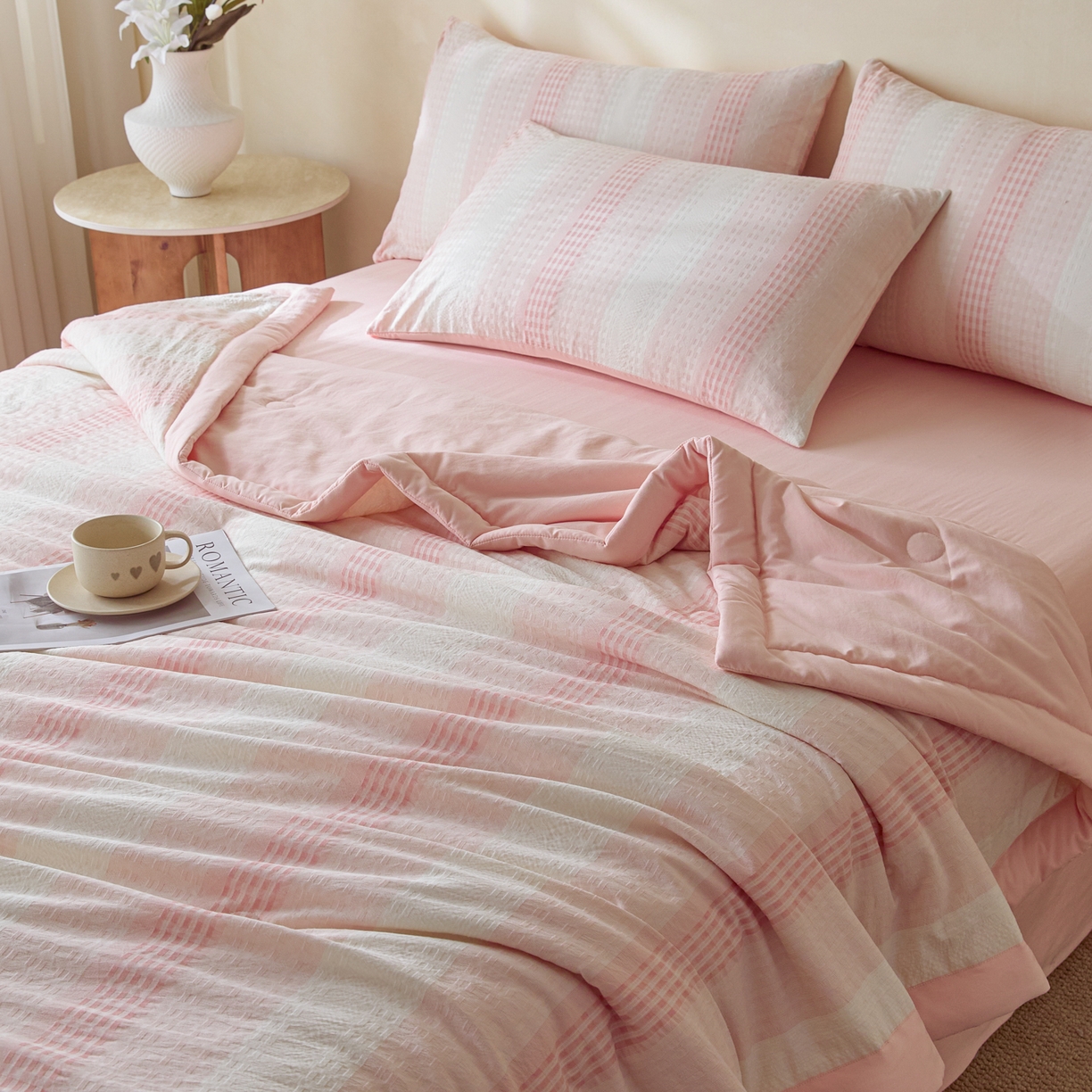 91家纺网 家纺一手货源 找家纺 一加一 2026新款凉感提花大豆夏被夏凉被空调被四件套-简约生活 简约生活-粉