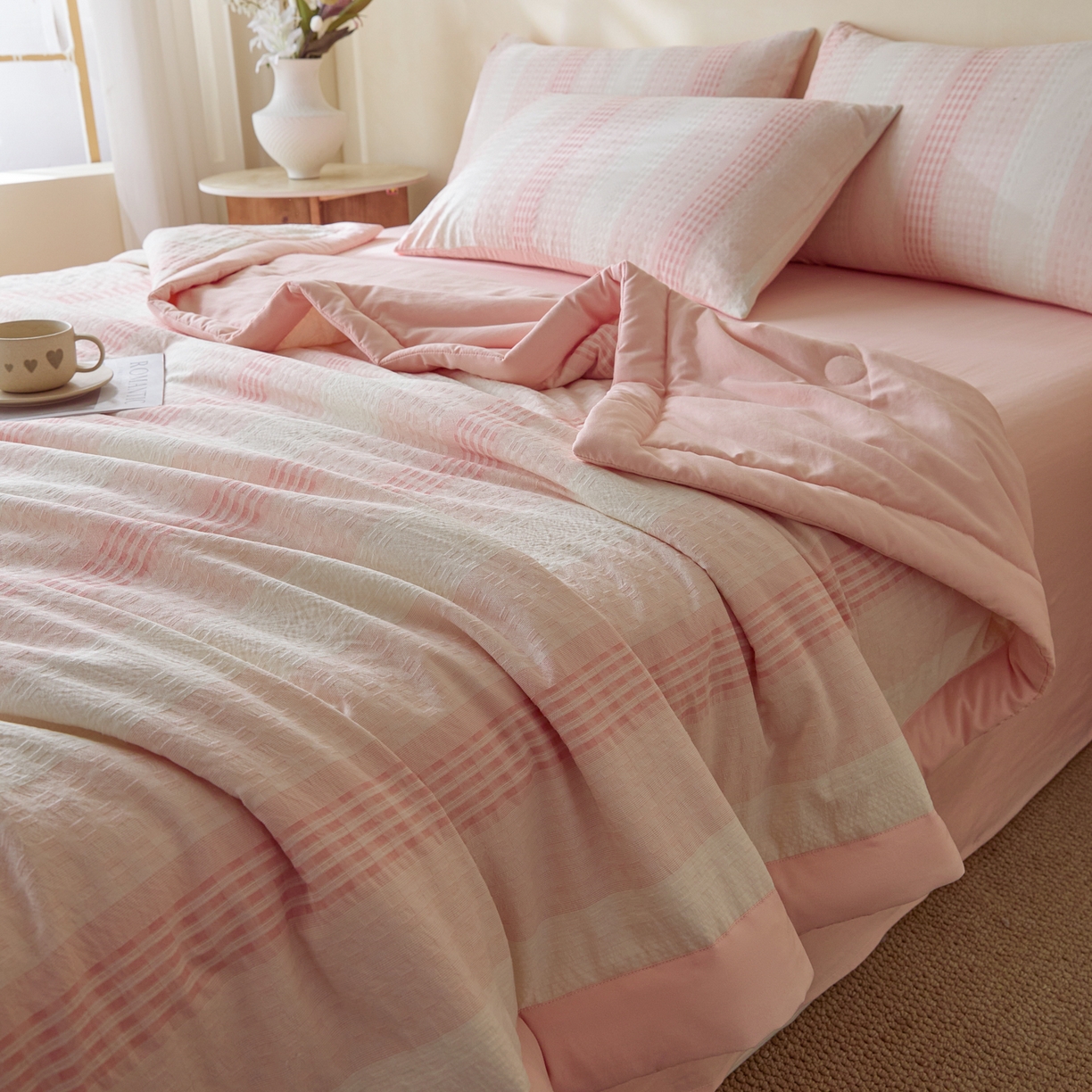 91家纺网 家纺一手货源 找家纺 一加一 2026新款凉感提花大豆夏被夏凉被空调被四件套-简约生活 简约生活-粉