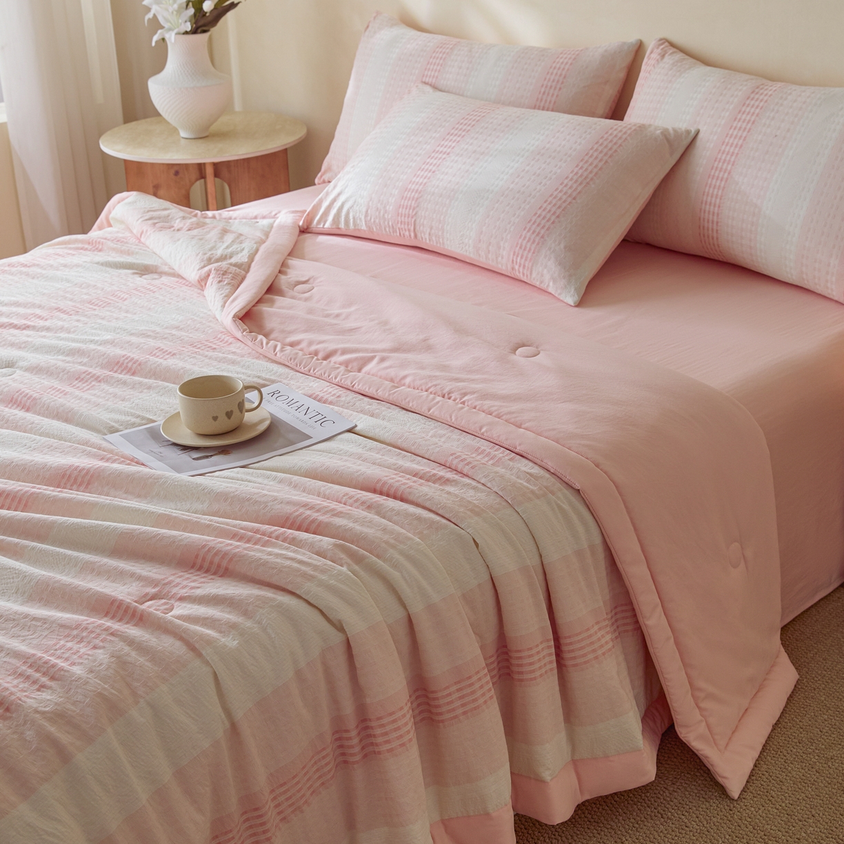 91家纺网 家纺一手货源 找家纺 一加一 2026新款凉感提花大豆夏被夏凉被空调被四件套-简约生活 简约生活-粉