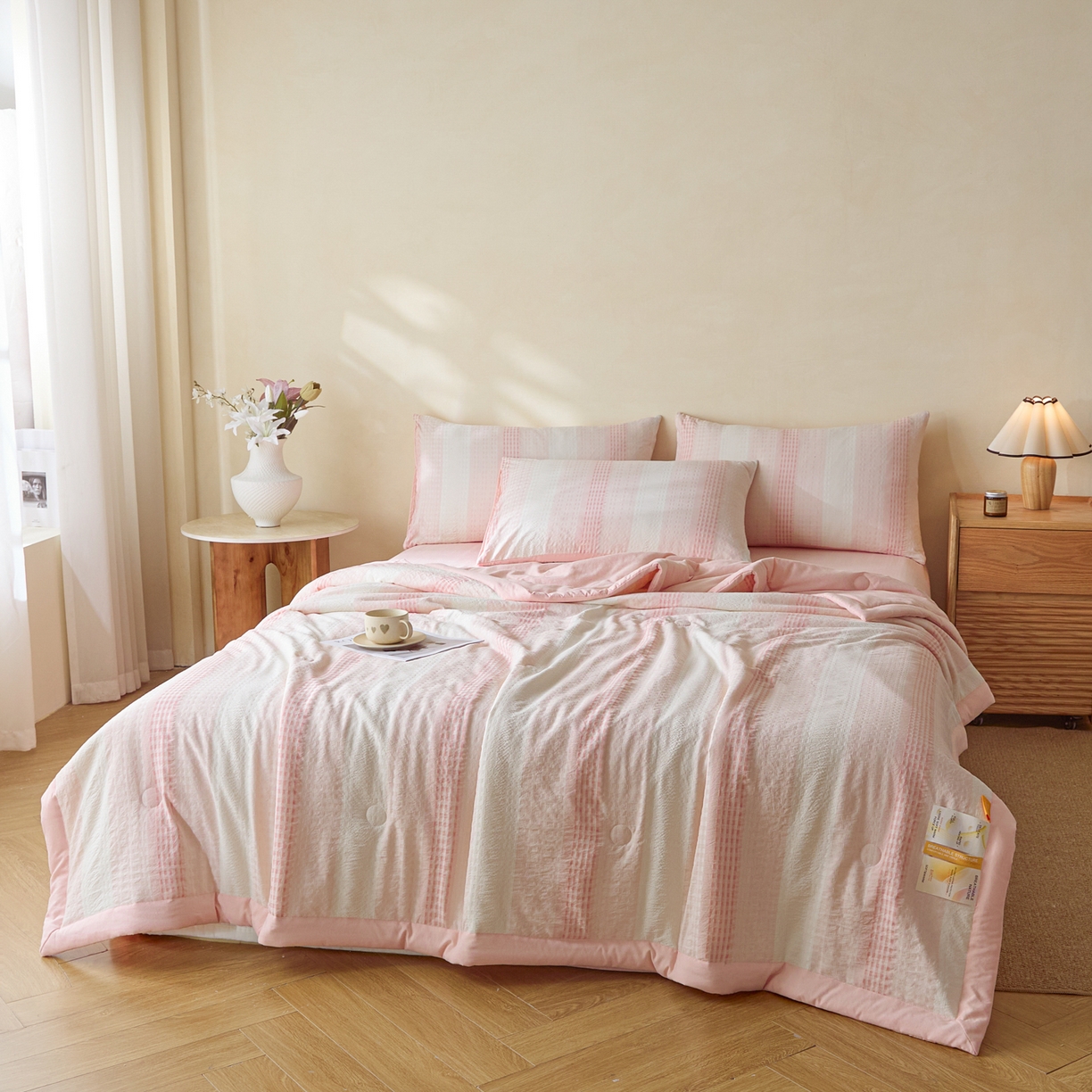 91家纺网 家纺一手货源 找家纺 一加一 2026新款凉感提花大豆夏被夏凉被空调被四件套-简约生活 简约生活-粉