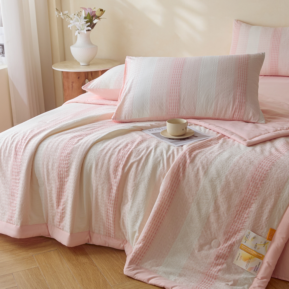 91家纺网 家纺一手货源 找家纺 一加一 2026新款凉感提花大豆夏被夏凉被空调被四件套-简约生活 简约生活-粉