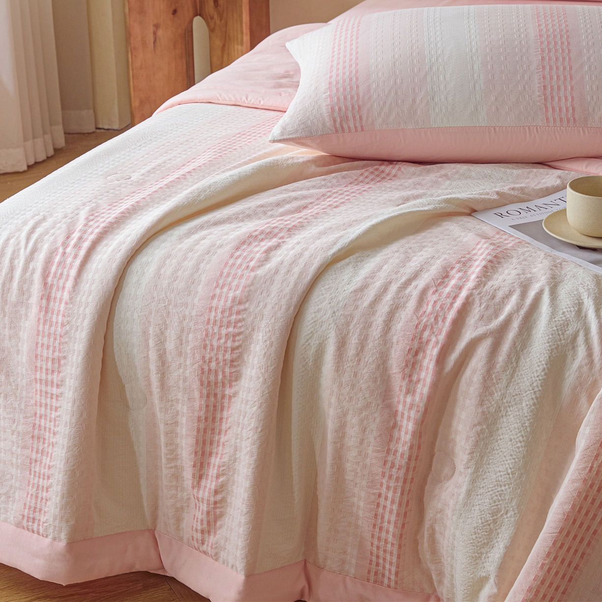 91家纺网 家纺一手货源 找家纺 一加一 2026新款凉感提花大豆夏被夏凉被空调被四件套-简约生活 简约生活-粉