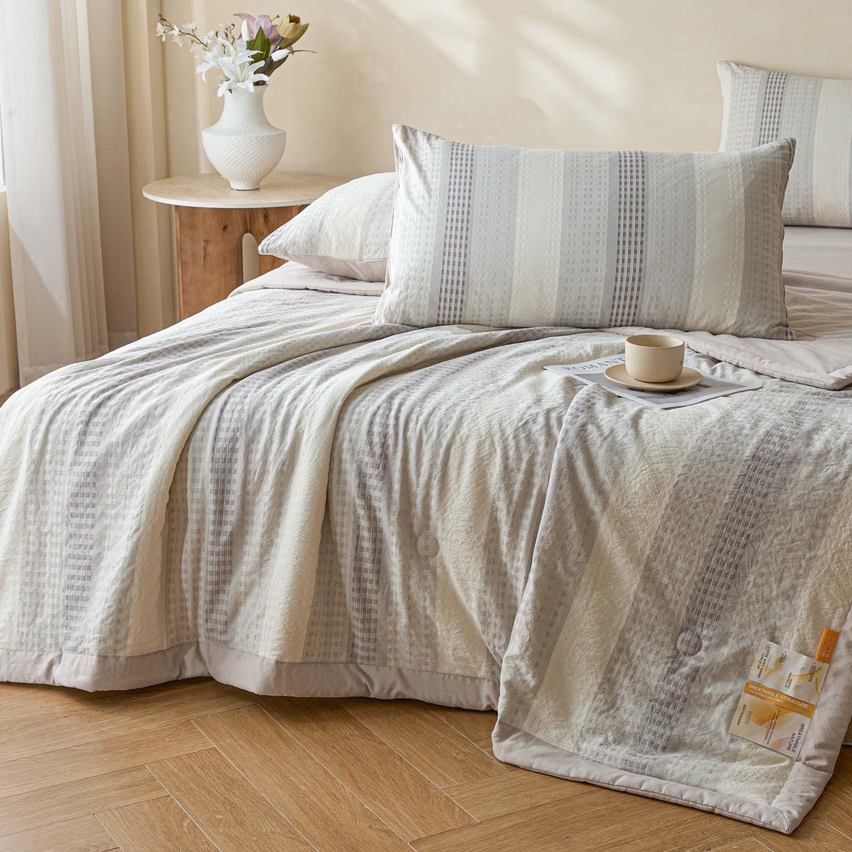 91家纺网 家纺一手货源 找家纺 一加一 2026新款凉感提花大豆夏被夏凉被空调被四件套-简约生活 简约生活-灰