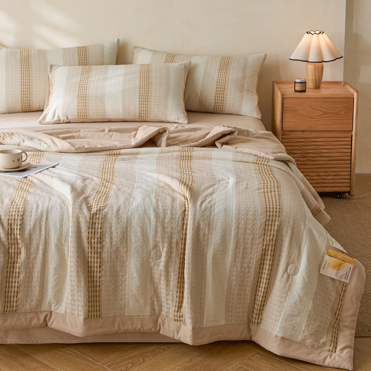 91家纺网 家纺一手货源 找家纺 一加一 2026新款凉感提花大豆夏被夏凉被空调被四件套-简约生活 简约生活-咖