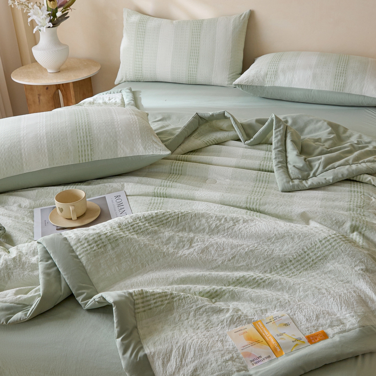 91家纺网 家纺一手货源 找家纺 一加一 2026新款凉感提花大豆夏被夏凉被空调被四件套-简约生活 简约生活-绿