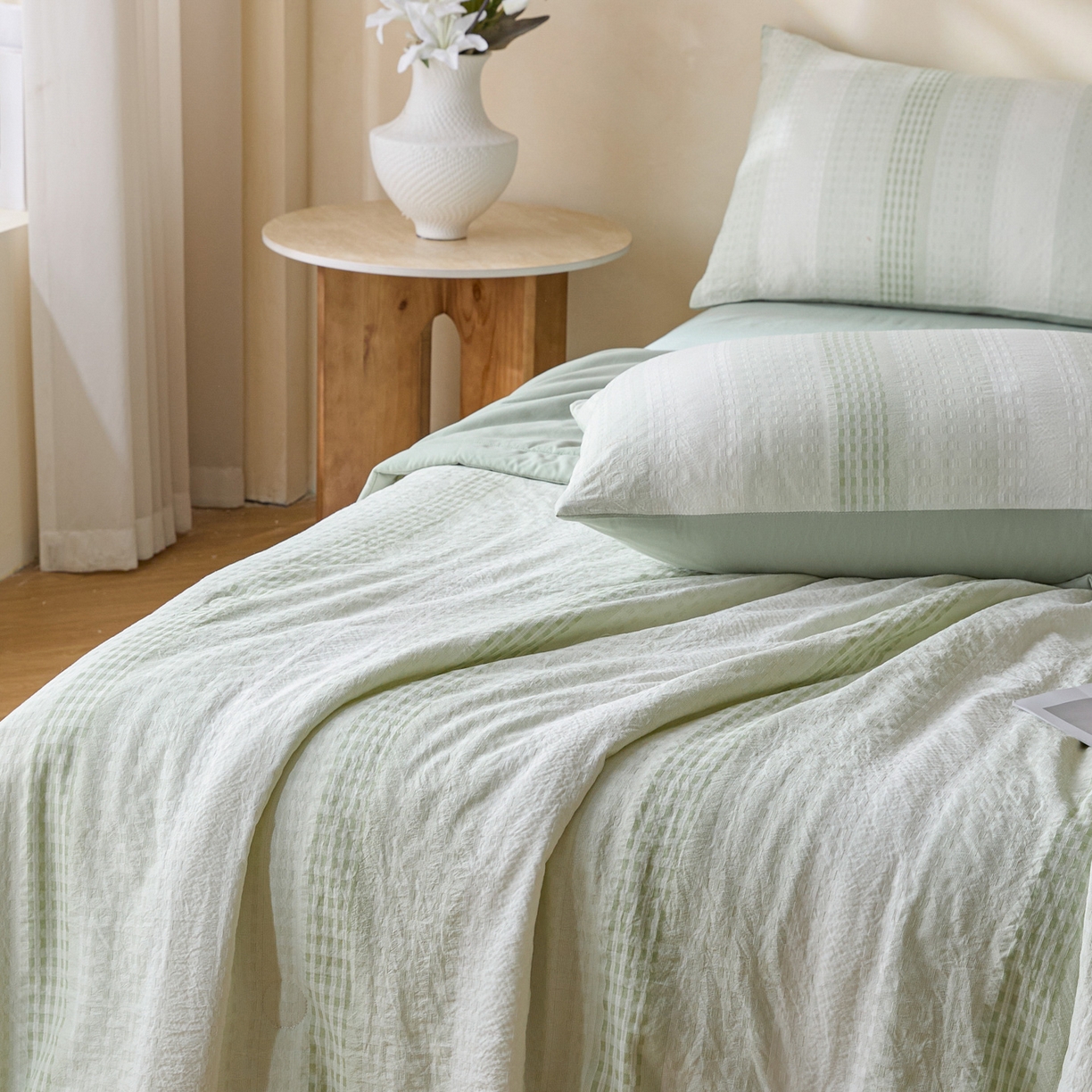 91家纺网 家纺一手货源 找家纺 一加一 2026新款凉感提花大豆夏被夏凉被空调被四件套-简约生活 简约生活-绿