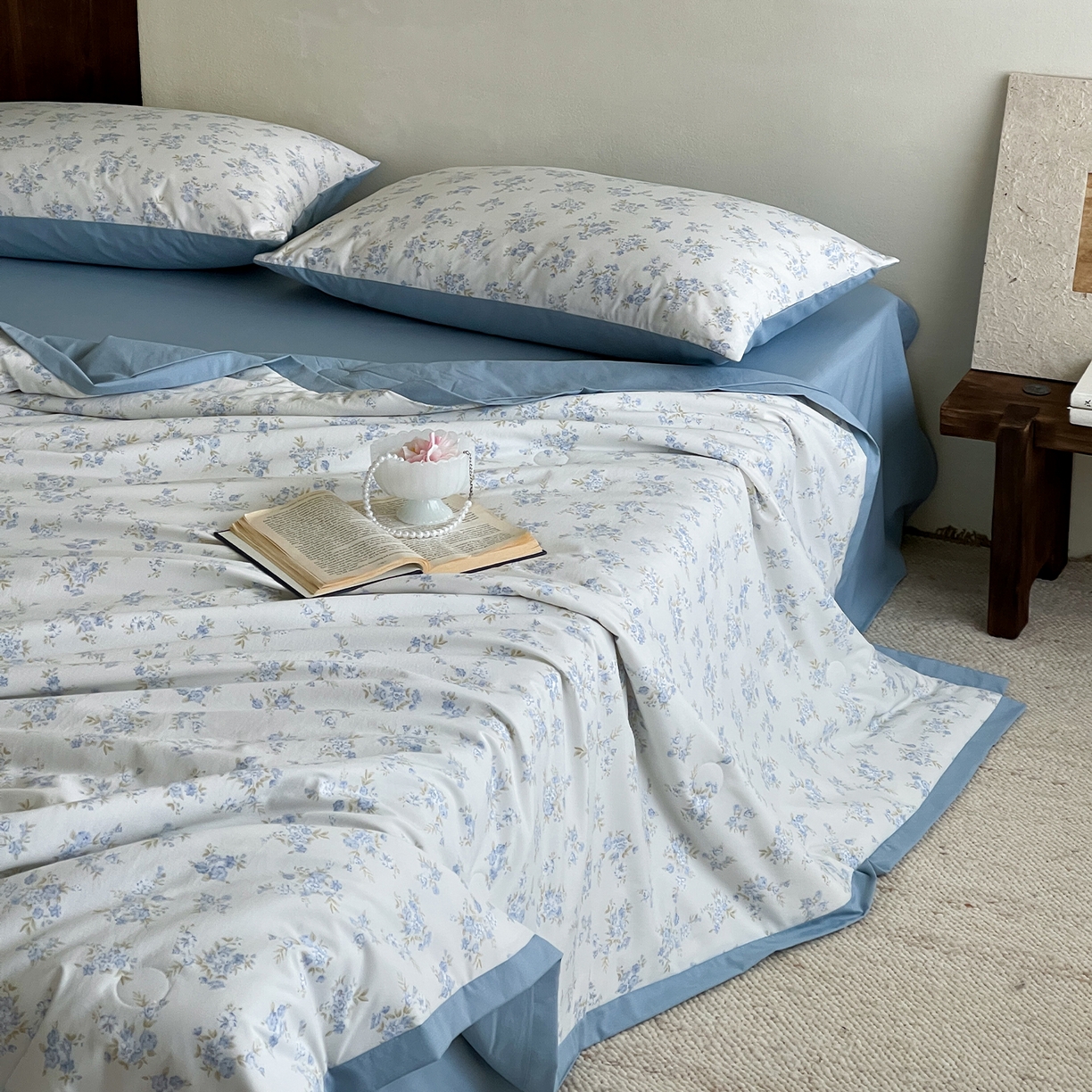 91家纺网 家纺一手货源 找家纺 一加一 2026新款冰蚕凉感印花断角夏被夏凉被空调被四件套 海盐