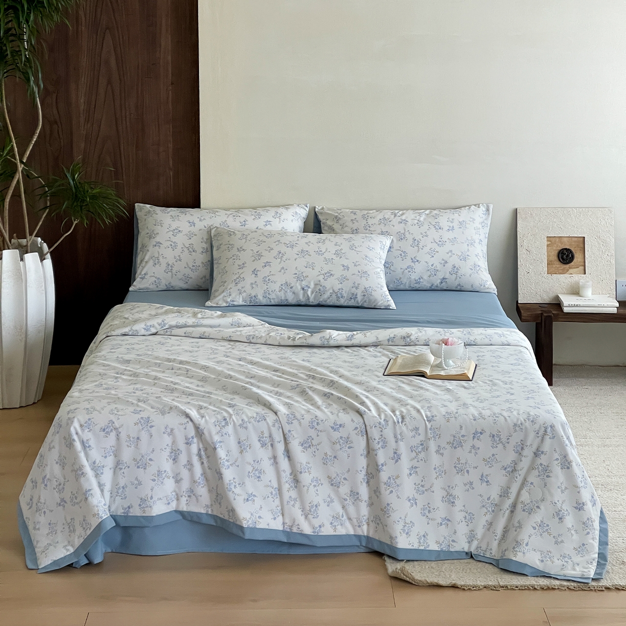 91家纺网 家纺一手货源 找家纺 一加一 2026新款冰蚕凉感印花断角夏被夏凉被空调被四件套 海盐