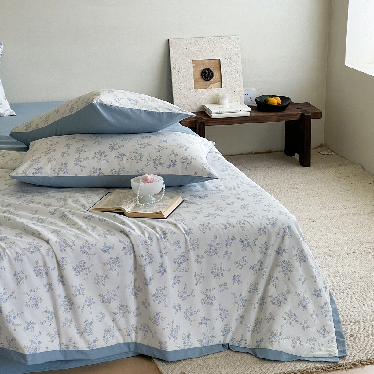 91家纺网 家纺一手货源 找家纺 一加一 2026新款冰蚕凉感印花断角夏被夏凉被空调被四件套 海盐