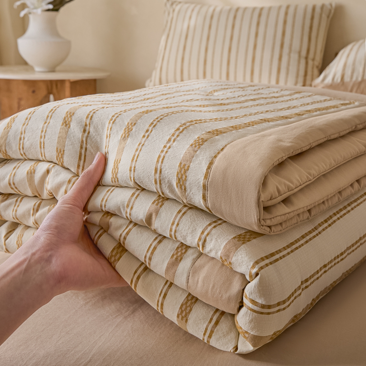 一加一 2026新款凉感提花大豆夏被夏凉被空调被四件套-简约生活 简约条纹-咖