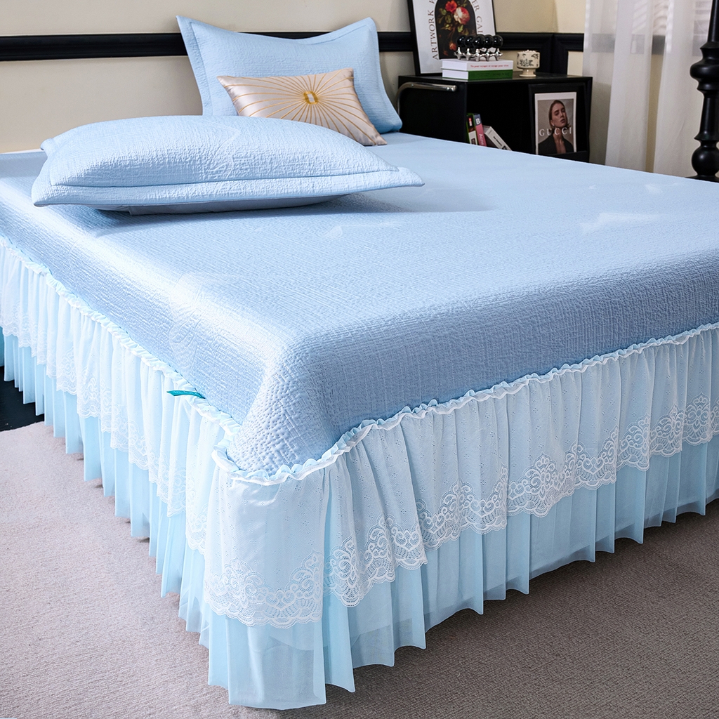 91家纺网 家纺一手货源 找家纺 青雅席业 2026新款A类凉感豆豆席凉席席子-床裙款 床裙款-岚光山色-蓝