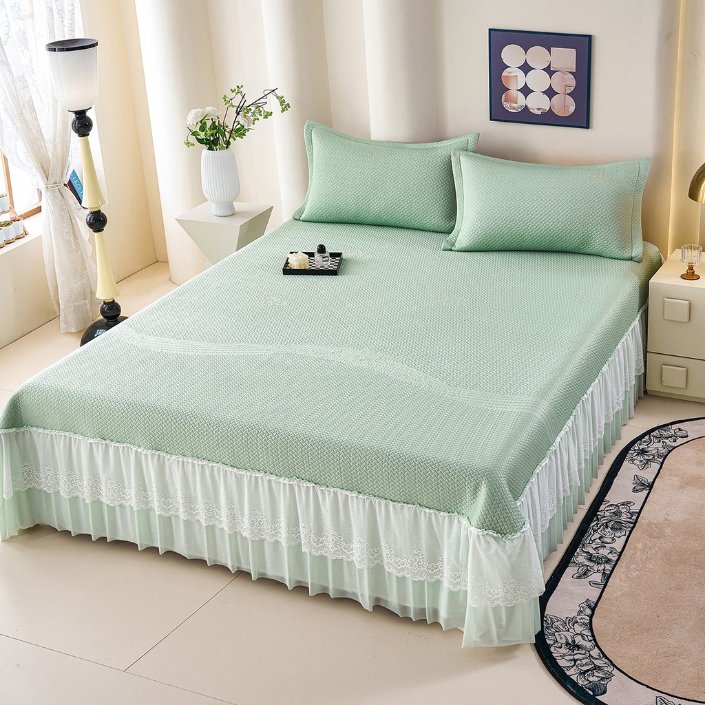 91家纺网 家纺一手货源 找家纺 青雅席业 2026新款A类凉感豆豆席凉席席子-床裙款 床裙款-飘摇-绿