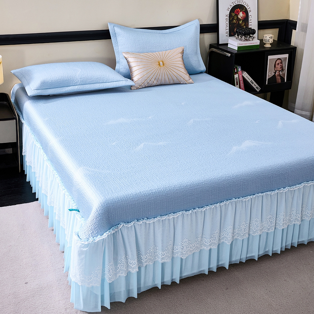 91家纺网 家纺一手货源 找家纺 青雅席业 2026新款A类凉感豆豆席凉席席子-床裙款 床裙款-岚光山色-蓝