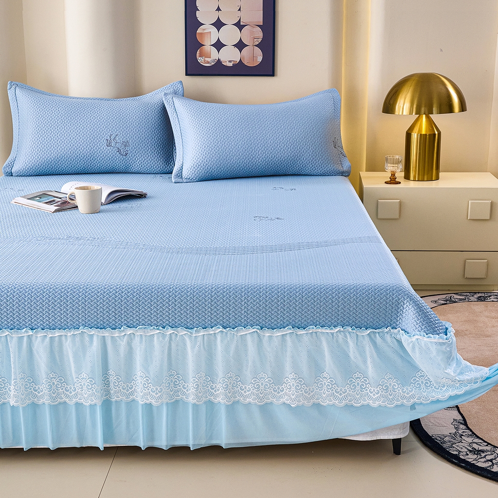 91家纺网 家纺一手货源 找家纺 青雅席业 2026新款A类凉感豆豆席凉席席子-床裙款 床裙款-飘摇-蓝