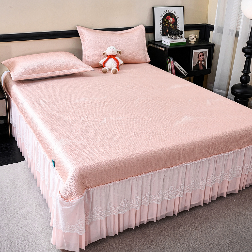 91家纺网 家纺一手货源 找家纺 青雅席业 2026新款A类凉感豆豆席凉席席子-床裙款 床裙款-岚光山色-粉