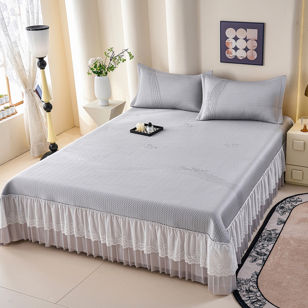91家纺网 家纺一手货源 找家纺 青雅席业 2026新款A类凉感豆豆席凉席席子-床裙款 床裙款-飘摇-灰