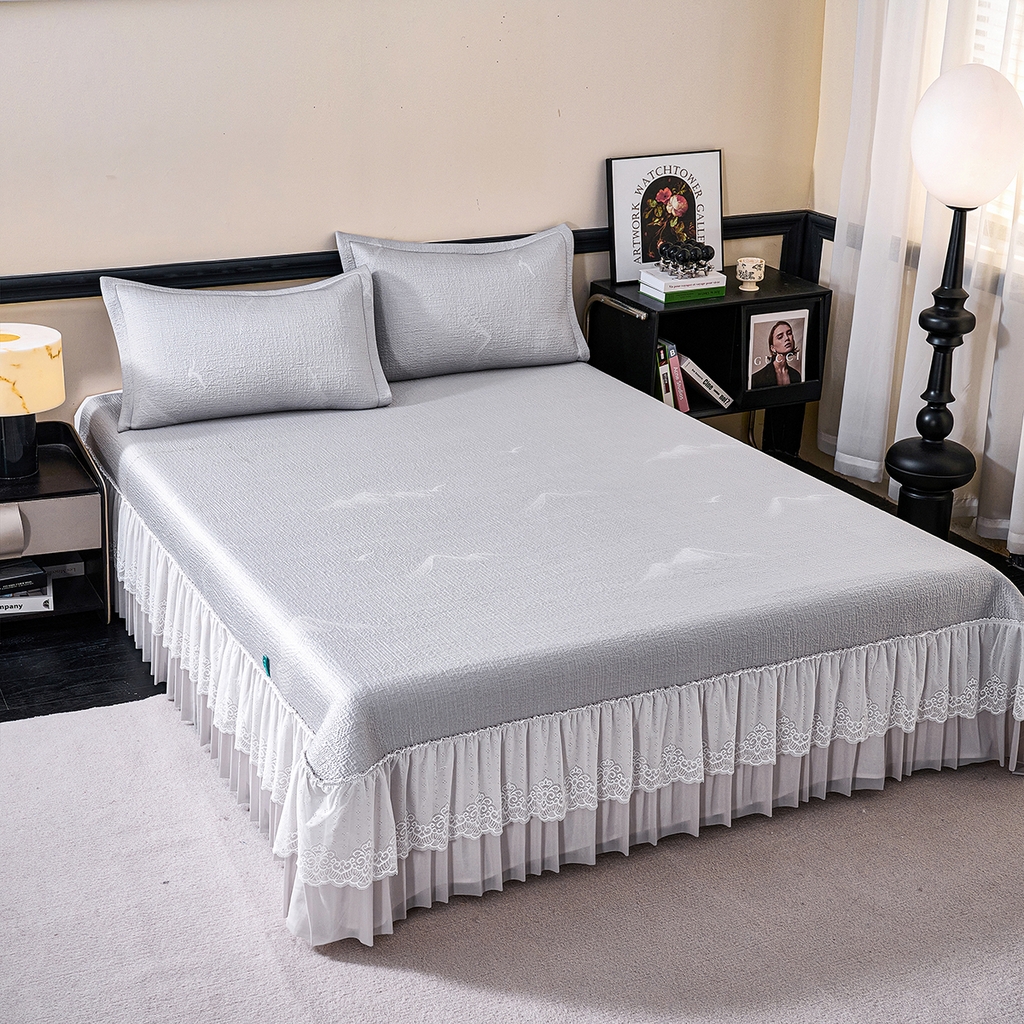 91家纺网 家纺一手货源 找家纺 青雅席业 2026新款A类凉感豆豆席凉席席子-床裙款 床裙款-岚光山色-灰