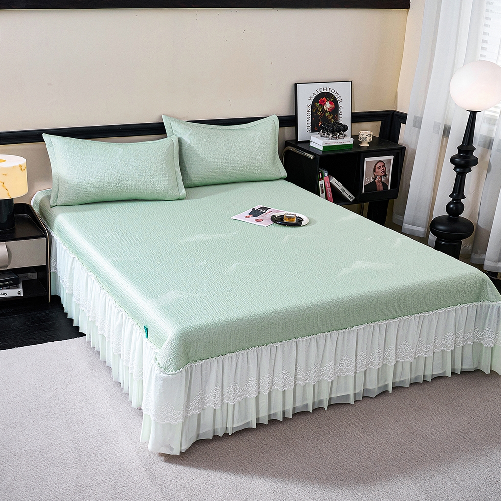 91家纺网 家纺一手货源 找家纺 青雅席业 2026新款A类凉感豆豆席凉席席子-床裙款 床裙款-岚光山色-绿