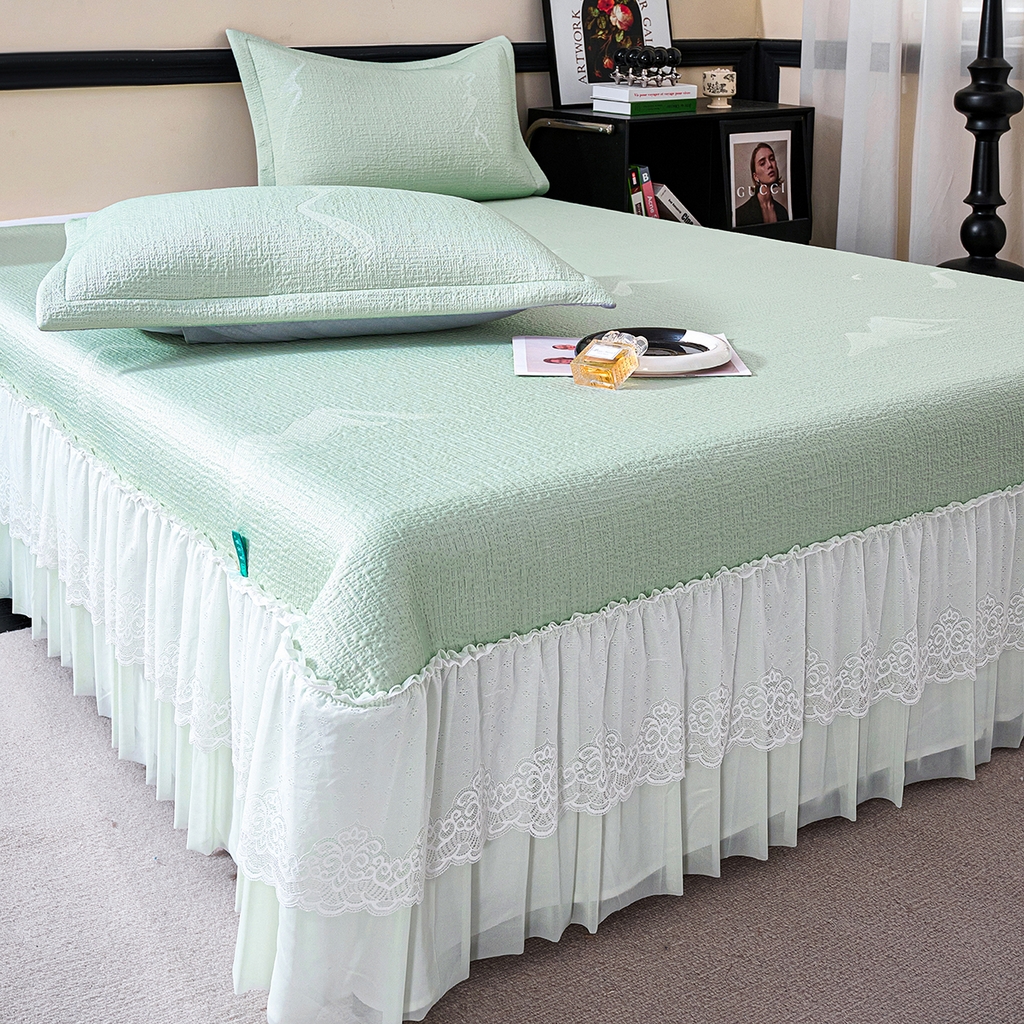 91家纺网 家纺一手货源 找家纺 青雅席业 2026新款A类凉感豆豆席凉席席子-床裙款 床裙款-岚光山色-绿