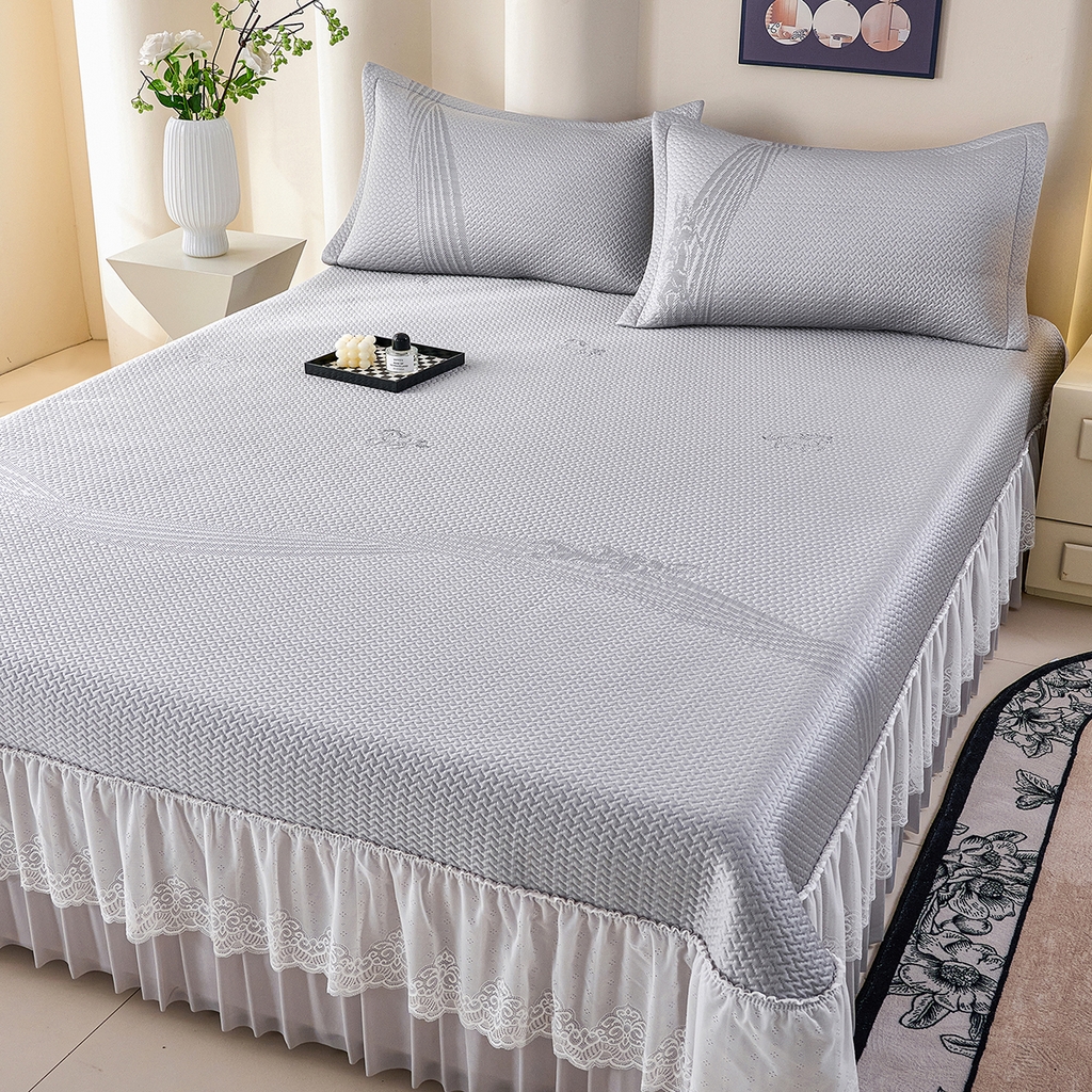 91家纺网 家纺一手货源 找家纺 青雅席业 2026新款A类凉感豆豆席凉席席子-床裙款 床裙款-飘摇-灰