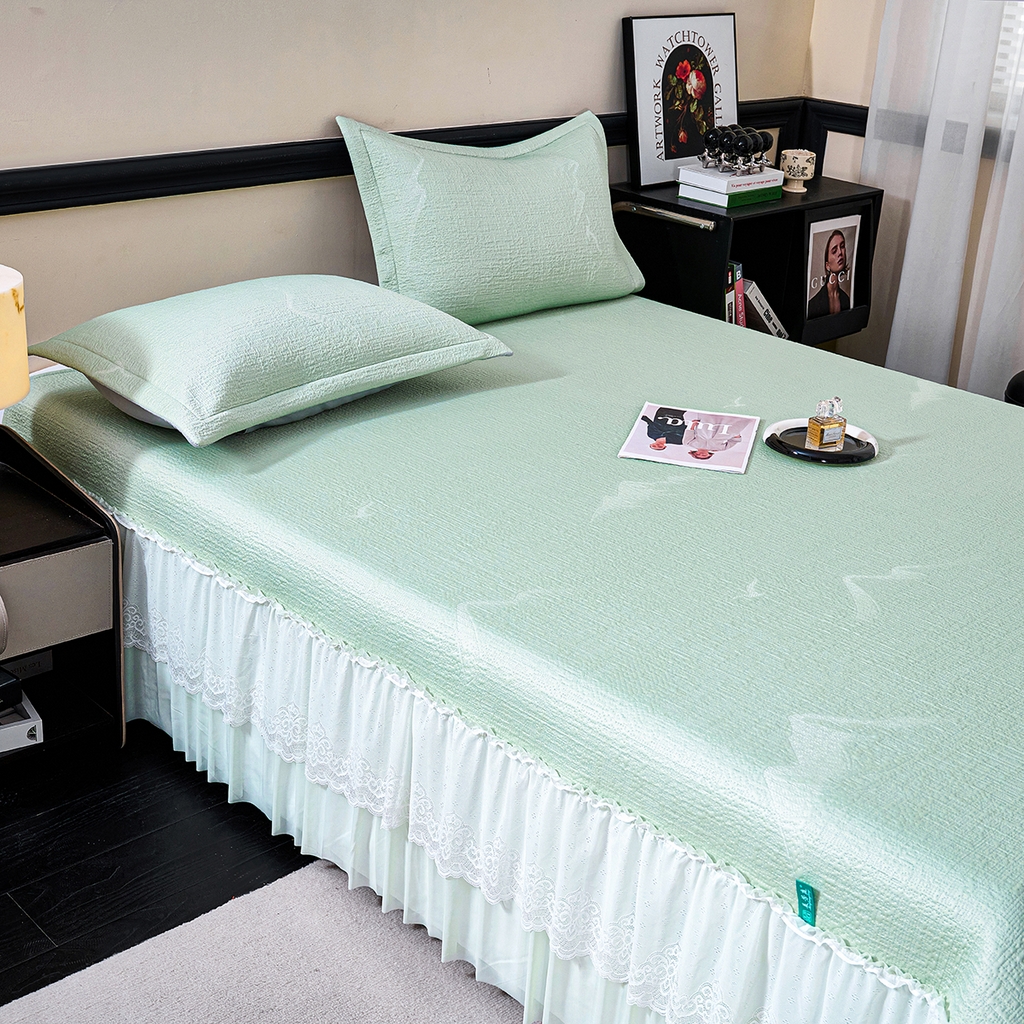 91家纺网 家纺一手货源 找家纺 青雅席业 2026新款A类凉感豆豆席凉席席子-床裙款 床裙款-岚光山色-绿