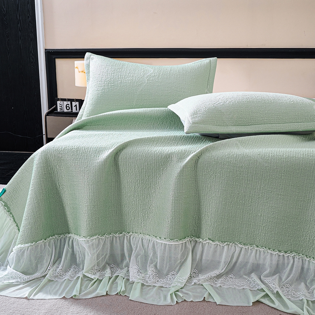 91家纺网 家纺一手货源 找家纺 青雅席业 2026新款A类凉感豆豆席凉席席子-床裙款 床裙款-岚光山色-绿