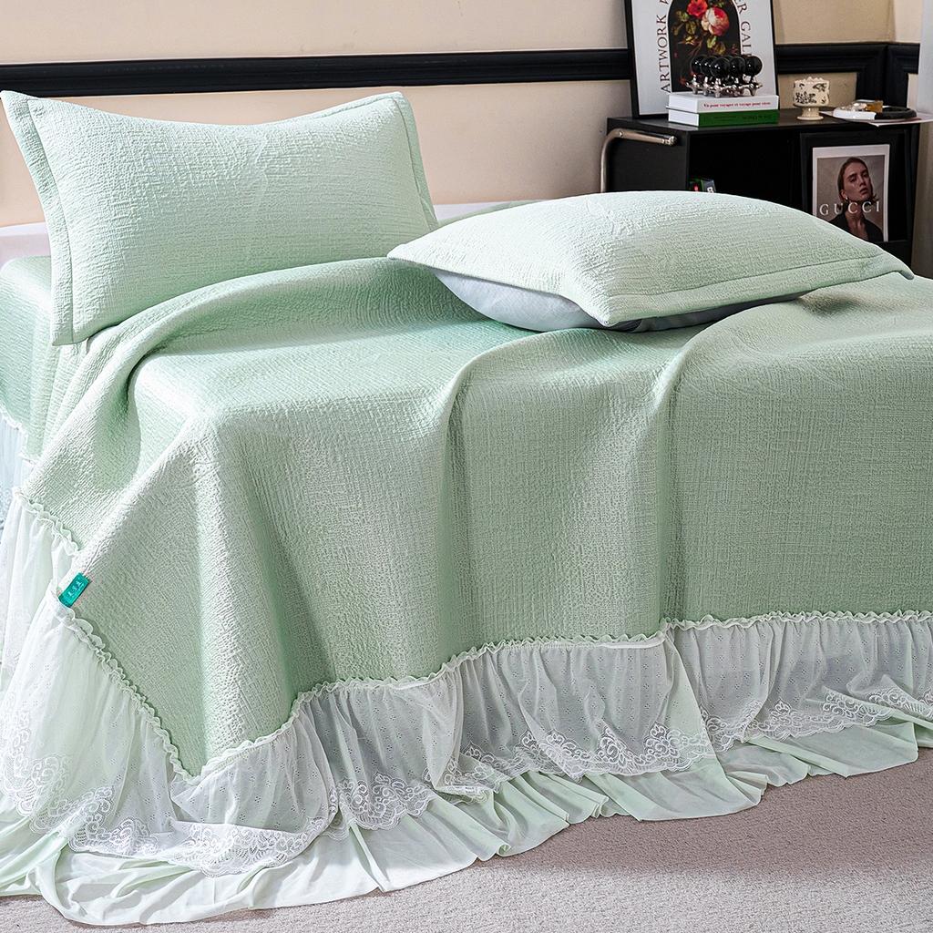 91家纺网 家纺一手货源 找家纺 青雅席业 2026新款A类凉感豆豆席凉席席子-床裙款 床裙款-岚光山色-绿