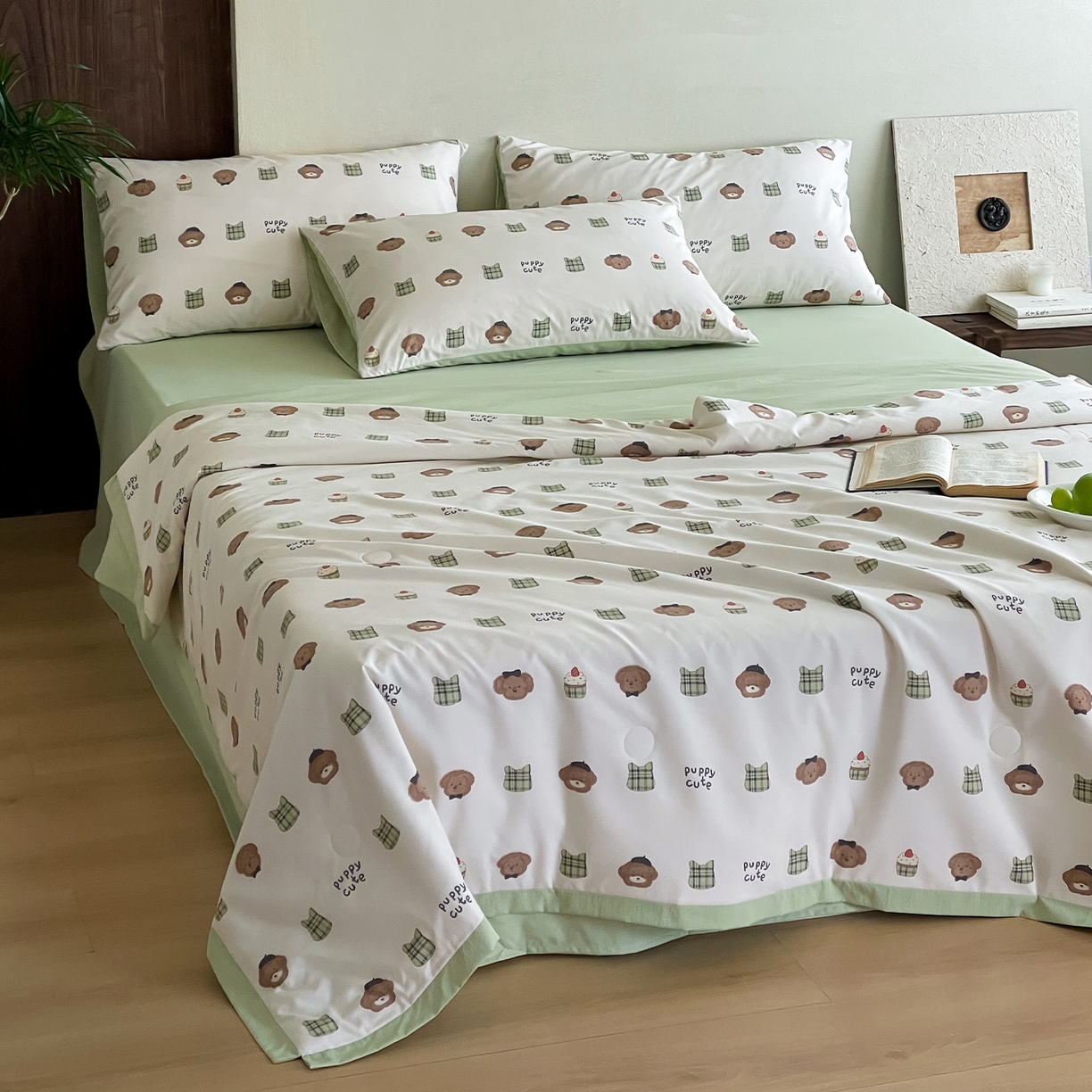 91家纺网 家纺一手货源 找家纺 一加一 2026新款冰蚕凉感印花断角夏被夏凉被空调被四件套 甜品熊