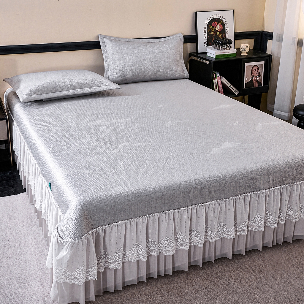 91家纺网 家纺一手货源 找家纺 青雅席业 2026新款A类凉感豆豆席凉席席子-床裙款 床裙款-岚光山色-灰