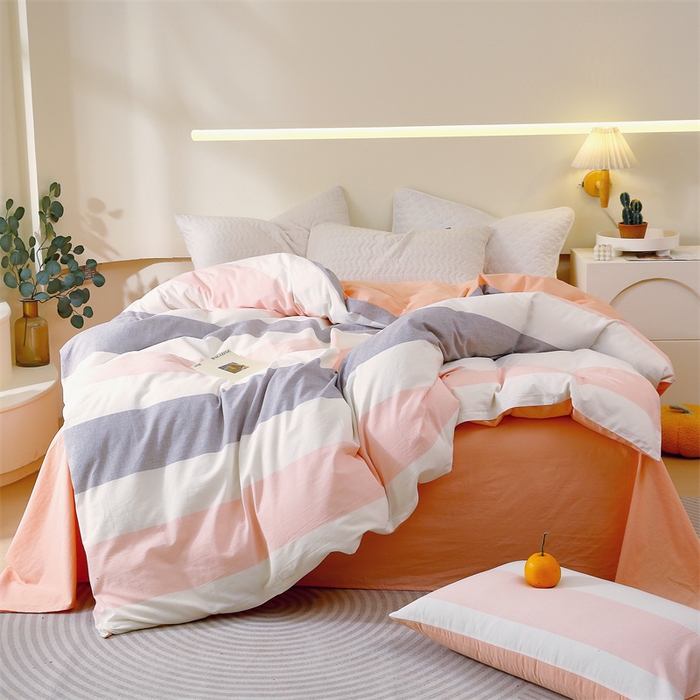 91家纺网 家纺一手货源 找家纺 春皖家纺 2026新款色织AB版水洗棉三件套四件套单品系列（单被套风格一） 素雅-灰白条