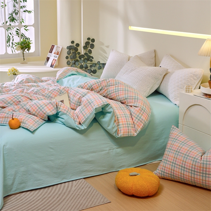 91家纺网 家纺一手货源 找家纺 春皖家纺 2026新款色织AB版水洗棉三件套四件套单品系列（单被套风格一） 翠竹-绿格