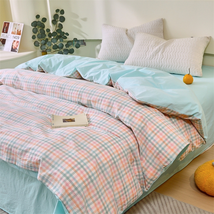 91家纺网 家纺一手货源 找家纺 春皖家纺 2026新款色织AB版水洗棉三件套四件套单品系列（单被套风格一） 翠竹-绿格