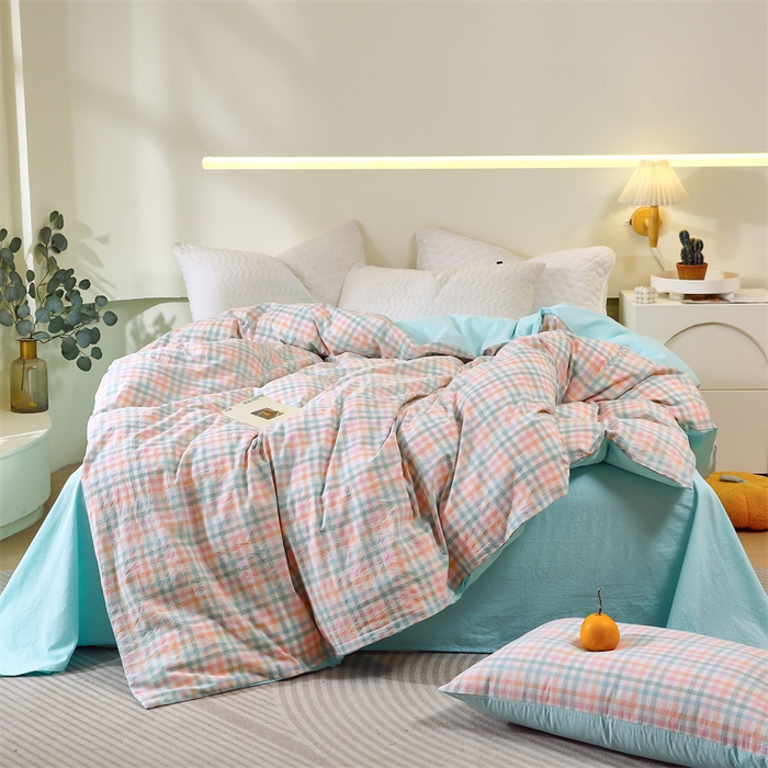 91家纺网 家纺一手货源 找家纺 春皖家纺 2026新款色织AB版水洗棉三件套四件套单品系列（单被套风格一） 翠竹-绿格