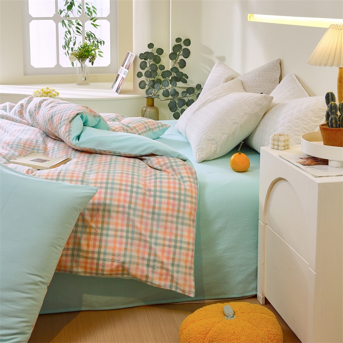 91家纺网 家纺一手货源 找家纺 春皖家纺 2026新款色织AB版水洗棉三件套四件套单品系列（单被套风格一） 翠竹-绿格